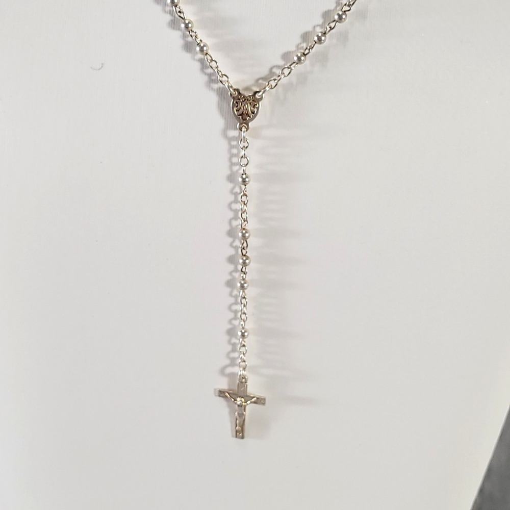 Rosary Necklace & Case Silver Tone Crucifix Prayer Beads 16in